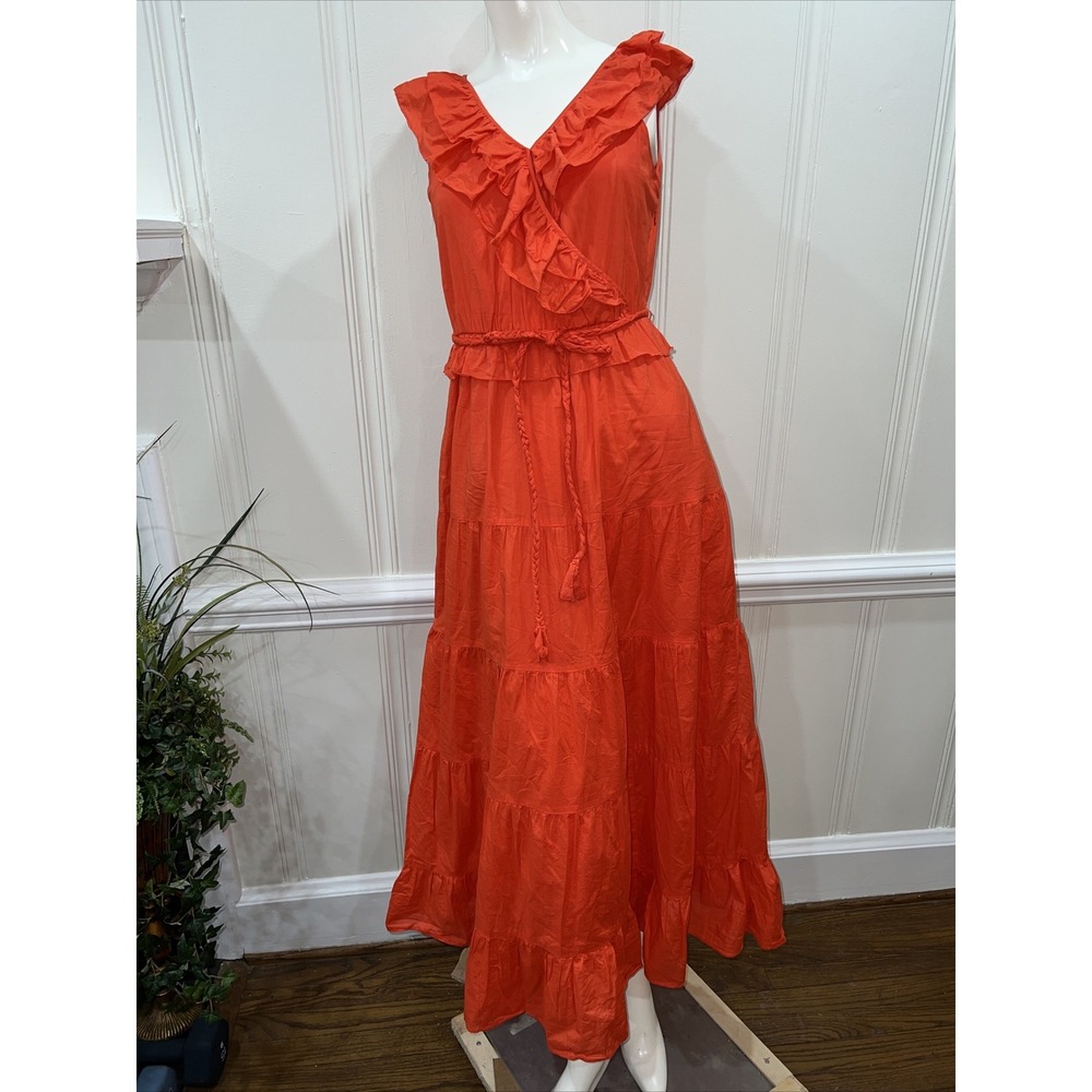J Crew Nina Red Tiered Belted Ruffled Cotton Long Dress Size 2